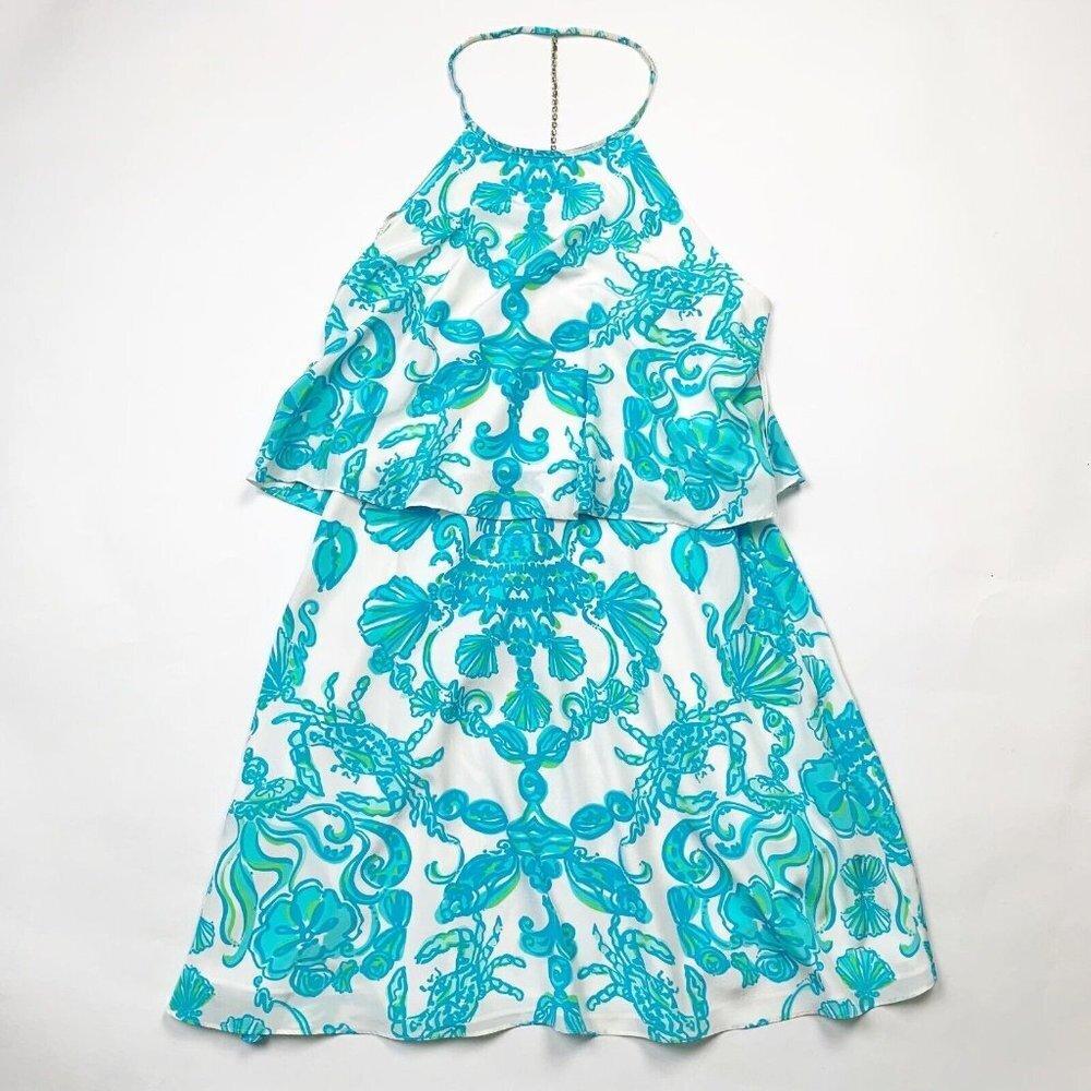 Lilly Pulitzer Womens Whistler Dress Blue White Size 10 Ruffle Silk Polyester - Picture 1 of 10